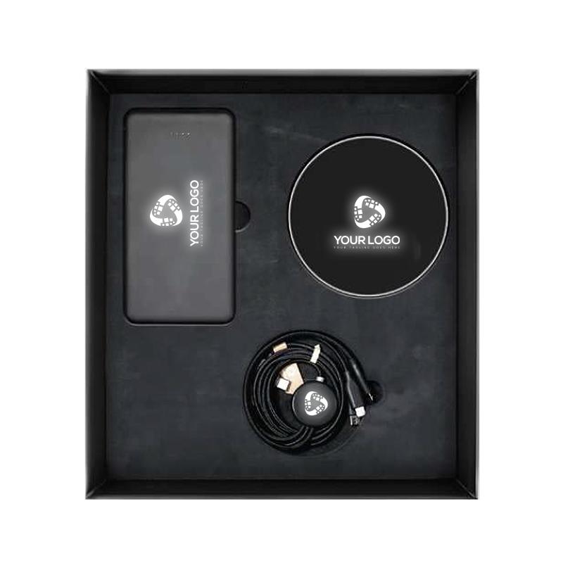 Lightup Logo Giftset - Powerbank, Wireless Charger-Light-Up With RPET 3-In-1 Cable